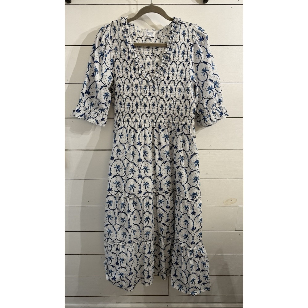 Tuckernuck Pink City Prints Isabel Midi Dress Size XL Ruffle V Neck Blue White